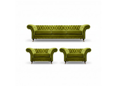 Olivgréng Wunnzëmmer Garnitur Chesterfield Polstercouch 2x Sesselen 3-Stéck.