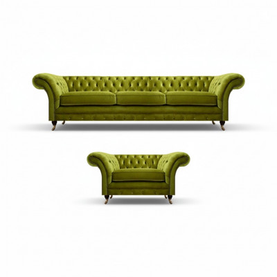 Olivgréngt Chesterfield Stoffssofa Luxus Wunnzëmmer Textil Still.