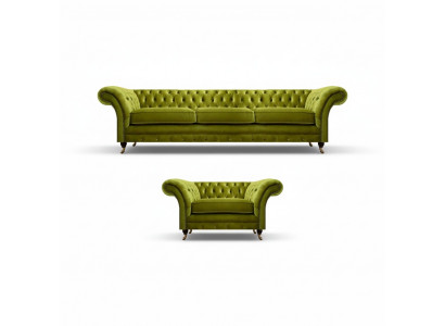 Olivgréngt Chesterfield Stoffssofa Luxus Wunnzëmmer Textil Still.