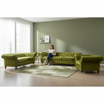 Olivgréng Chesterfield Garnitur Wunnzëmmer Sofagarnitur Luxus Set 3tlg