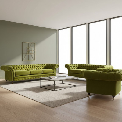Olivgréng Chesterfield Garnitur Wunnzëmmer Sofagarnitur Luxus Set 3tlg