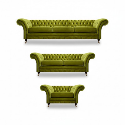 Olivgréng Chesterfield Garnitur Wunnzëmmer Sofagarnitur Luxus Set 3tlg