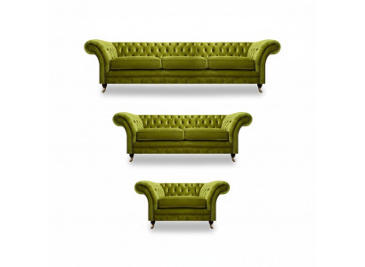 Olivgréng Chesterfield Garnitur Wunnzëmmer Sofagarnitur Luxus Set 3tlg