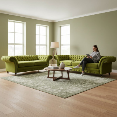 Olivengrén Chesterfield Canapé-Set Wunnzëmmer Komplett Textil Miwwelen