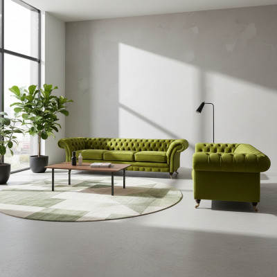 Olivengrén Chesterfield Canapé-Set Wunnzëmmer Komplett Textil Miwwelen