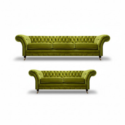Olivengrén Chesterfield Canapé-Set Wunnzëmmer Komplett Textil Miwwelen