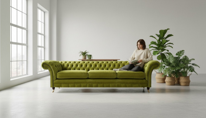 Chesterfield olivgréng Polstersofa Bettfunktioun Couch Wunnzëmmer Miwwelen