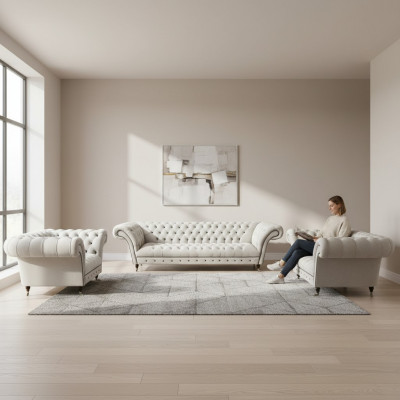 Wäiss Chesterfield Garnitur Polstersofa Designer Sofagarnitur 3tlg