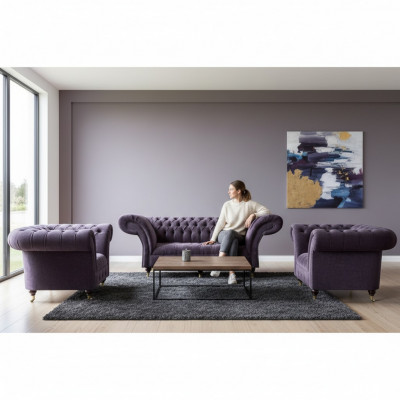 Lila Chesterfield Polsterset Wunnzëmmer 3-Sëtzer Designer 2x Fauteuil