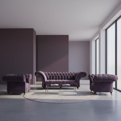 Lila Chesterfield Polsterset Wunnzëmmer 3-Sëtzer Designer 2x Fauteuil