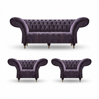 Lila Chesterfield Polsterset Wunnzëmmer 3-Sëtzer Designer 2x Fauteuil