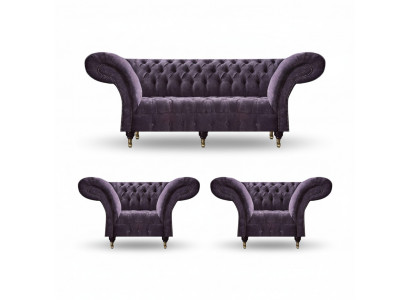 Lila Chesterfield Polsterset Wunnzëmmer 3-Sëtzer Designer 2x Fauteuil