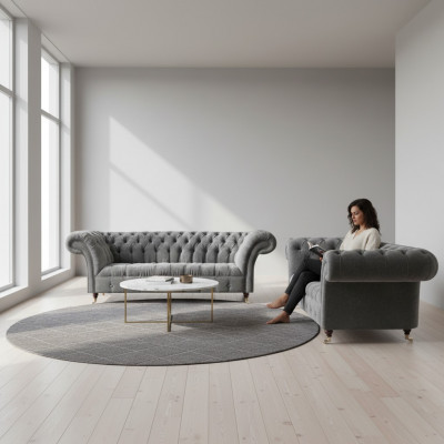 Wunnzëmmer Grau Chesterfield Canapéen Komplett Set 3-Sëtzer Zweisëtzer
