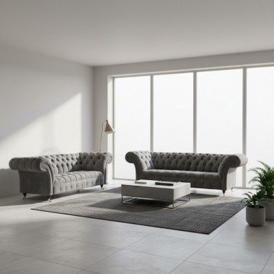 Wunnzëmmer Grau Chesterfield Canapéen Komplett Set 3-Sëtzer Zweisëtzer