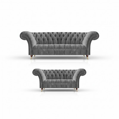 Wunnzëmmer Grau Chesterfield Canapéen Komplett Set 3-Sëtzer Zweisëtzer