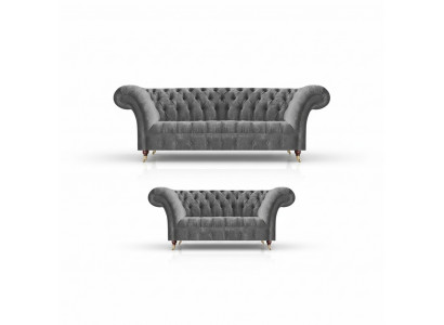 Wunnzëmmer Grau Chesterfield Canapéen Komplett Set 3-Sëtzer Zweisëtzer