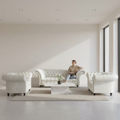 Wäiss Chesterfield Sëtzgrupp 2x Designers Sëtz G kompletéiert Sëtzmébel