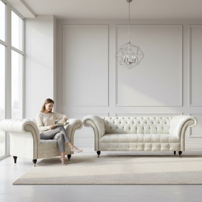 Moderne Chesterfield wäiss Stoffcouch Exklusiver Wunnzëmmer Sessell zweedeeler