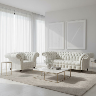 Moderne Chesterfield wäiss Stoffcouch Exklusiver Wunnzëmmer Sessell zweedeeler