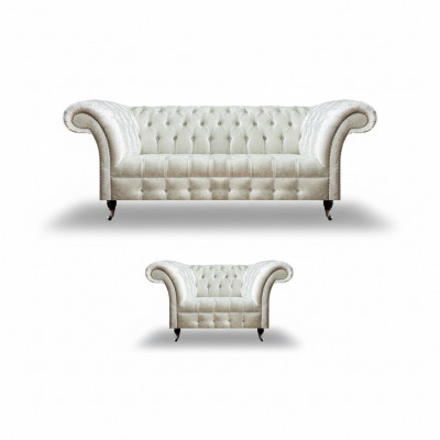 Moderne Chesterfield wäiss Stoffcouch Exklusiver Wunnzëmmer Sessell zweedeeler
