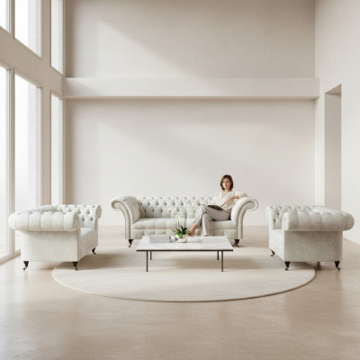 Wäiss Chesterfield Textilsofa Schlofzëmmer Sofagarnitur Designer Set 3-Teileg