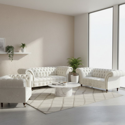 Wäiss Chesterfield Textilsofa Schlofzëmmer Sofagarnitur Designer Set 3-Teileg