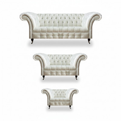 Wäiss Chesterfield Textilsofa Schlofzëmmer Sofagarnitur Designer Set 3-Teileg