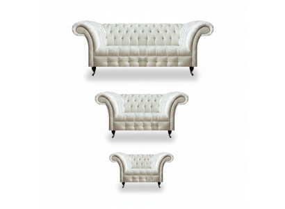 Wäiss Chesterfield Textilsofa Schlofzëmmer Sofagarnitur Designer Set 3-Teileg
