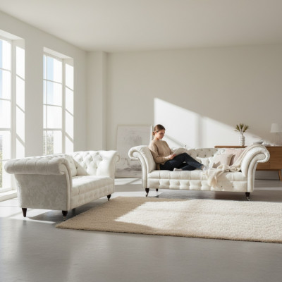 Komplett wäiss Chesterfield Sofagarnitur Modern 3-Sëtzer Luxus 2-sëtzeger.