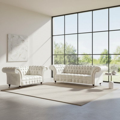 Komplett wäiss Chesterfield Sofagarnitur Modern 3-Sëtzer Luxus 2-sëtzeger.