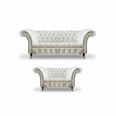 Komplett wäiss Chesterfield Sofagarnitur Modern 3-Sëtzer Luxus 2-sëtzeger.