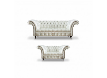 Komplett wäiss Chesterfield Sofagarnitur Modern 3-Sëtzer Luxus 2-sëtzeger.