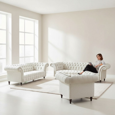 Wäiss Chesterfield Textil Garnitur Designer Sëtzmiwwelen Polster Garnitur