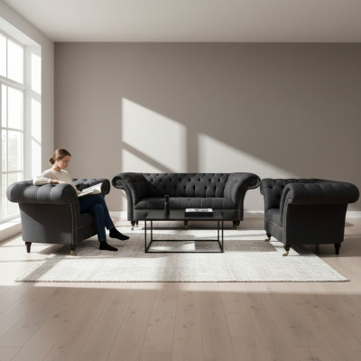 Modern Chesterfield schwaarz Garnitur Designer 2x Textilsessel 3-Sëtzer