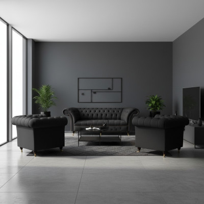 Modern Chesterfield schwaarz Garnitur Designer 2x Textilsessel 3-Sëtzer