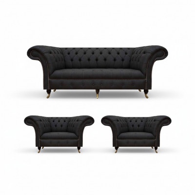 Modern Chesterfield schwaarz Garnitur Designer 2x Textilsessel 3-Sëtzer