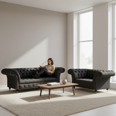 Komplett Schwaarz Chesterfield Garnitur Designer Dräisëtzer Modernen 2-Sëtzer