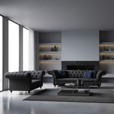Komplett Schwaarz Chesterfield Garnitur Designer Dräisëtzer Modernen 2-Sëtzer