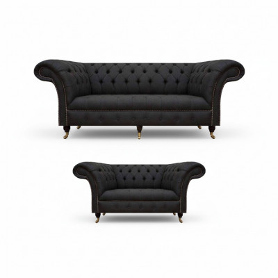 Komplett Schwaarz Chesterfield Garnitur Designer Dräisëtzer Modernen 2-Sëtzer