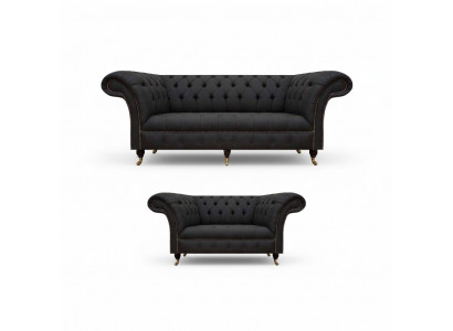 Komplett Schwaarz Chesterfield Garnitur Designer Dräisëtzer Modernen 2-Sëtzer