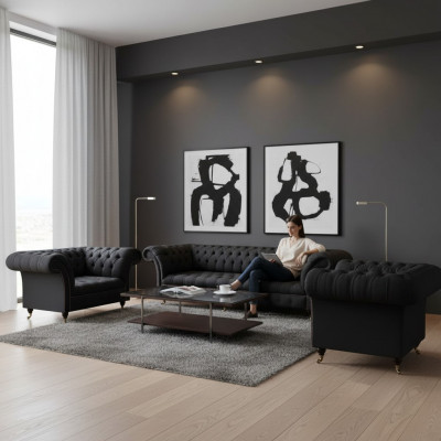 Komplett schwaarz Chesterfield Sëtzgrupp Designer Zweisëtzer Fauteuil