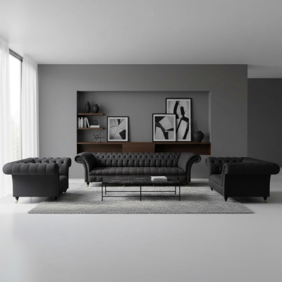 Komplett schwaarz Chesterfield Sëtzgrupp Designer Zweisëtzer Fauteuil