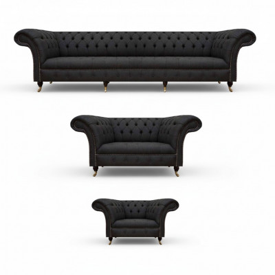 Komplett schwaarz Chesterfield Sëtzgrupp Designer Zweisëtzer Fauteuil
