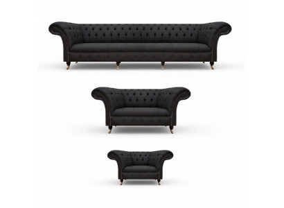 Komplett schwaarz Chesterfield Sëtzgrupp Designer Zweisëtzer Fauteuil
