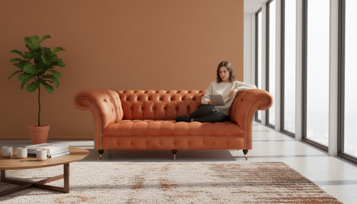 Brong Chesterfield Canapé Modernen 3-Sëtz Sofa Luxus Sëtzmoebel