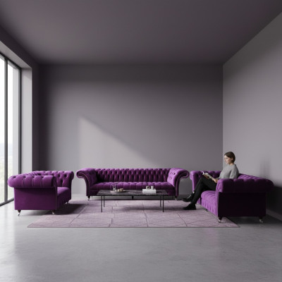 Modern Chesterfield Lila Canapé-Suite Wunnzëmmer Edle Sofaen 3tlg Set