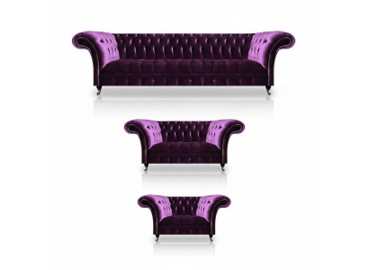 Modern Chesterfield Lila Canapé-Suite Wunnzëmmer Edle Sofaen 3tlg Set