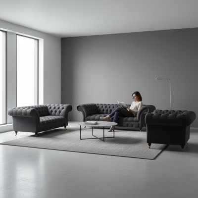Schwaarz Chesterfield Textilsetter Polstersëtzmiwwel Couchsetter