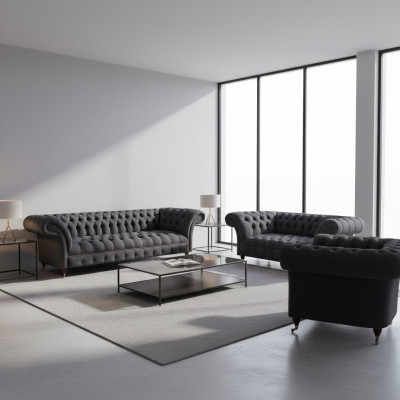 Schwaarz Chesterfield Textilsetter Polstersëtzmiwwel Couchsetter