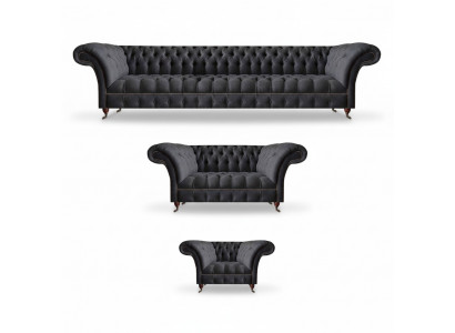 Schwaarz Chesterfield Textilsetter Polstersëtzmiwwel Couchsetter